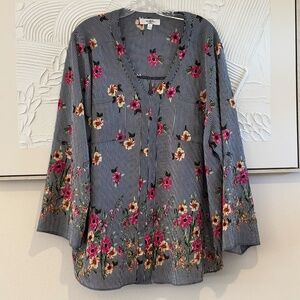 Moa Moa Women's Long Sleeve V-Neck Front Pockets  SZ 2X  Flow Black/White Stripe